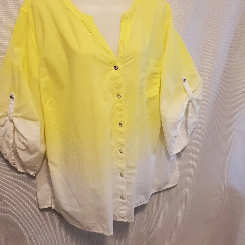 Cathrines Plus Sz 3X Yellow Ombre Button Down Blouse Rhinestones Roll Tab Sleeve